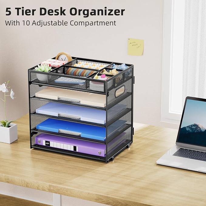 Marbrasse 5 Tier Paper Organizer, Mesh Desk Letter Tray with Handle,Black | Paper Sorter Desk Organizer for Letter/A4 Office File Folder Holder Home Office Supplies