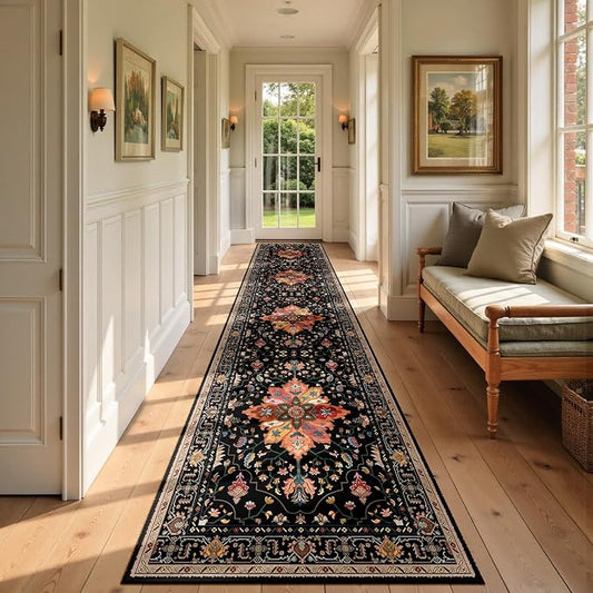 RELEANY Area Rugs Runner 3'x12' Washable Non-Slip, Floral Vintage Distress Medallion Carpet for Kitchen Hallway Bedroom Beside Laundry Room Bathroom, Black Colorful Floral Dark Tan