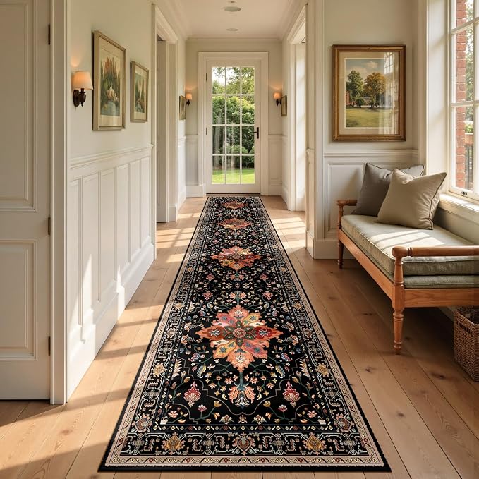 RELEANY Area Rugs Runner 2'x9' Washable Non-Slip, Floral Vintage Distress Medallion Carpet for Kitchen Hallway Bedroom Beside Laundry Room Bathroom, Black Colorful Floral Dark Tan
