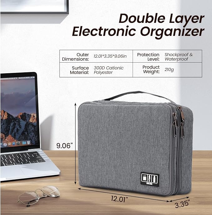 Large Electronic Organizer Travel Case, Double Layer Tech Accessories Bag with 3 DIY Adjustable Dividers, Waterproof Padded Cable Storage Pouch for Camera Gear, Power Bank, Hard Drive, Mouse