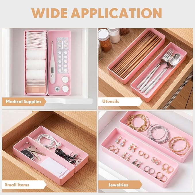 Teling 2 Pcs Pink Large Rectangular Desk Organizer Set, Half Accessory Tray, Plastic Tabletop Organizer for Office, Home, or Study, Dimensions: 9.45 x 2.95 x 1.38 Inches