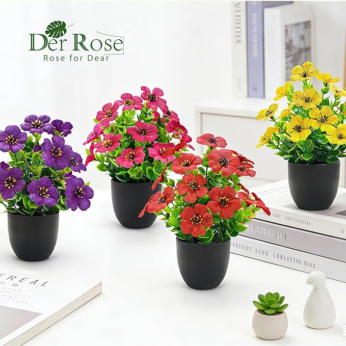 Der Rose 4 Pack Small Fake Plants with Fragrance Discs Spring Faux Flowers in Black Pots Artificial Plants Indoor for Bathroom Room Office Desk Decor