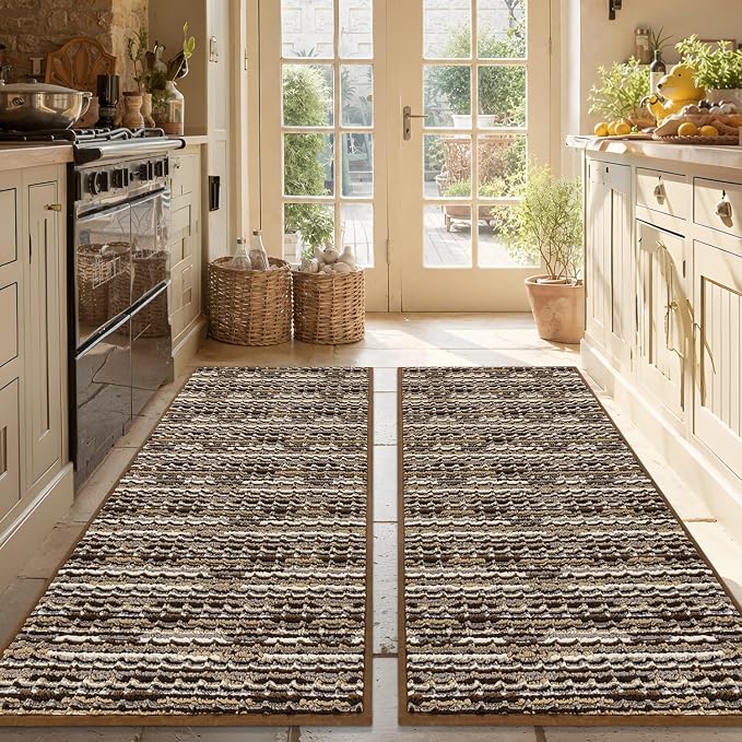Kitchen Rugs Sets of 2-Non Slip Kitchen Mats for Floor-Thick Stain Resistant Vintage Kitchen Floor Mat Runner Carpet for Hallways Entryway Laundry Room Washable（Brown 20"x47"+20"x47"）