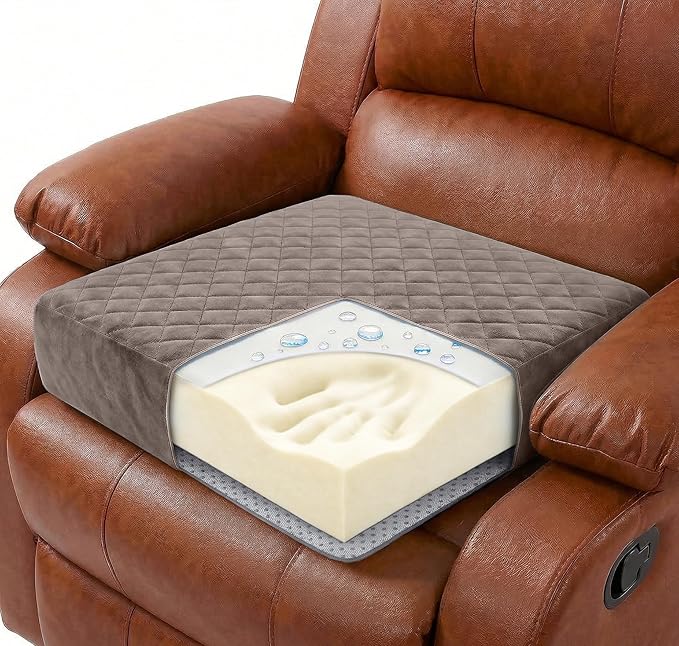 Soft 20x20x5 Memory Foam Recliner Chair Seat Cushion for Long Sitting - Armchair Pad with Washable Velvety Cover & Non-Slip Base for Seniors & Elderly - Brown