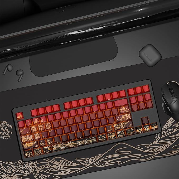 XVX Shine Through Keycaps - Double Shot PBT Keycaps 60 65 75 100 Percent, Side Print Key caps Custom 129 Keys Set, Dye Sub Wave of Kanagawa Key caps for Mechanical Keyboards, Red