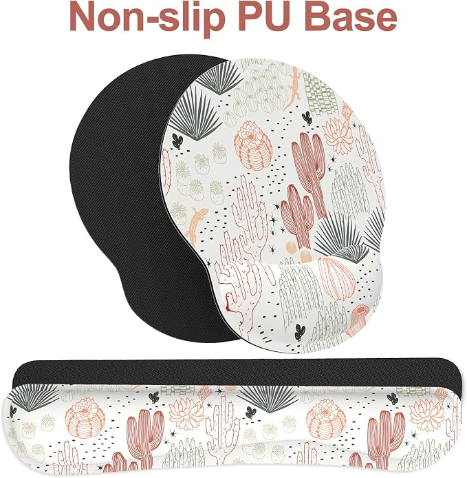 Ergonomic Mouse Pad with Wrist Rest and Keyboard Wrist Rest, Mousepad and Wrist Rest for Computer Keyboard, Pain Relief, Non-Slip Rubber Base, Mouse Pad with Wrist Support for Gaming, Office, Cactus