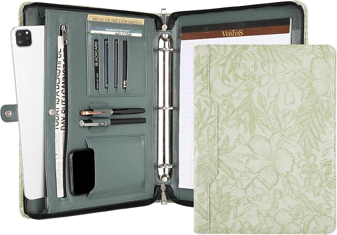 DUKE&COW Vegan Leather Portfolio Binder, 3-Ring Padfolio Organizer, Green