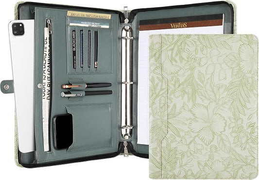 DUKE&COW Vegan Leather Portfolio Binder, 3-Ring Padfolio Organizer, Green