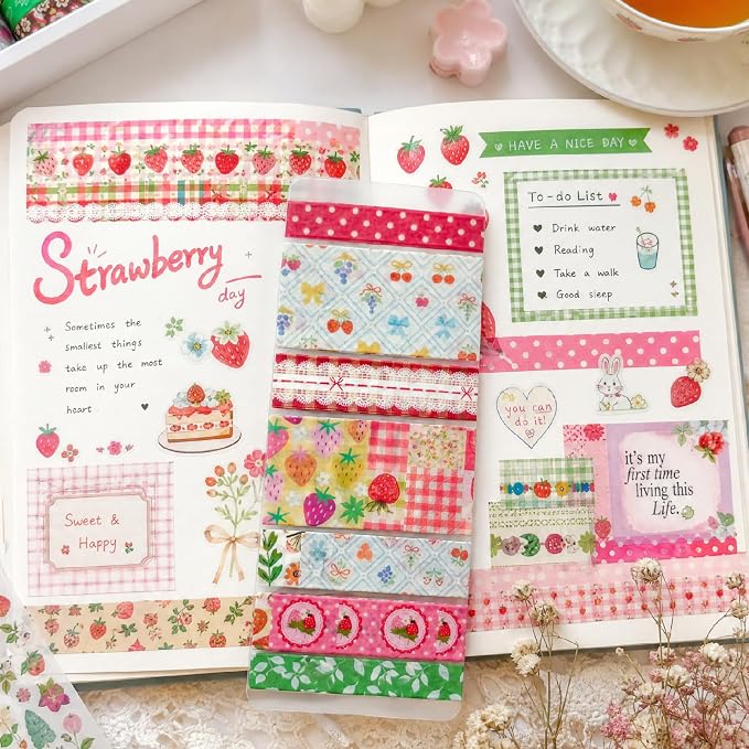 Bomichi Washi Tape Set - 35 Rolls Strawberry Pastel Washi Tape for Junk Journal Supplies, Bullet Journal Supplies, DIY Crafts, Scrapbooking, Planner Decoration, Gift Wrapping, School Supplies