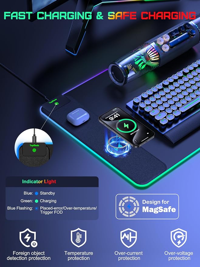 TopMade Wireless Charging Mouse Pad, RGB Gaming Mousepad Home Office Desk Pad, 31.5” x 15.8” XXL Large Desk Mat, Waterproof Keyboard Pad, Black (Includes 20W PD Power Adapter & 6.56ft Woven Cable)