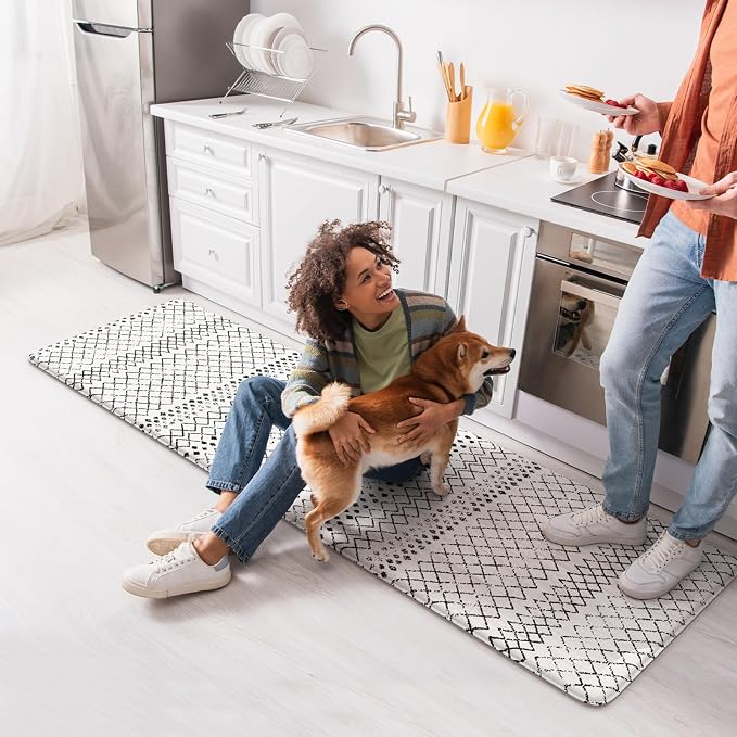 KIMODE Anti Fatigue Kitchen Mat for Floor, 20"x71" Farmhouse Kitchen Rug, Non Slip Waterproof Kitchen Floor Mat, Cushioned Standing Mat for Front of Sink Laundry Desk Bedroom Black and White