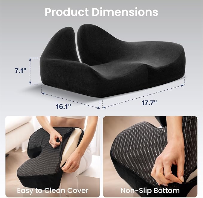 Alcedo Seat Cushion for Office Chair, Ergonomic Memory Foam Seat Cushion for Car Seat, Tailbone Pain Relief Cushion for Long Sitting, Non-Slip, Breathable & Washable Cover