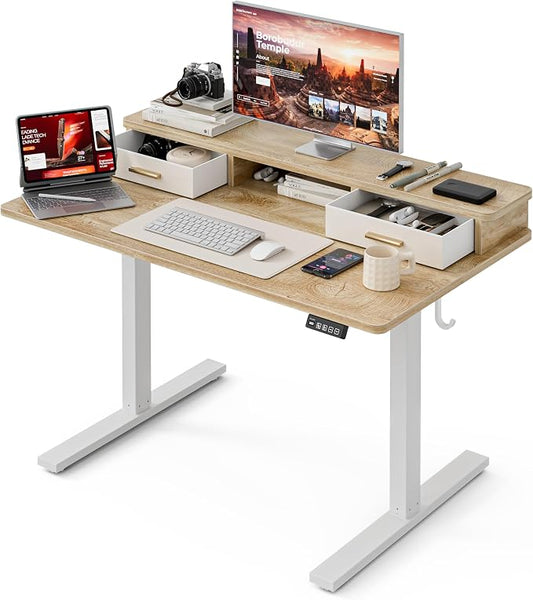Grandder Electric Standing Desk with Two Drawers, Sit to Stand Up Height Adjustable Desk with Storage Shelf for Home Office, 47 * 24 Inch, Study, Ergonomic Adjustable Computer Desk, Oak
