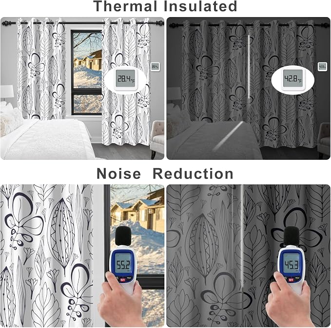 White and Brown Blackout Curtains 84 Inch Length 2 Panels Set, Printed Thermal Insulated Drapes Noise Reduction Room Darkening Grommet Blackout Curtains for Bedroom Living Room Window Treatments