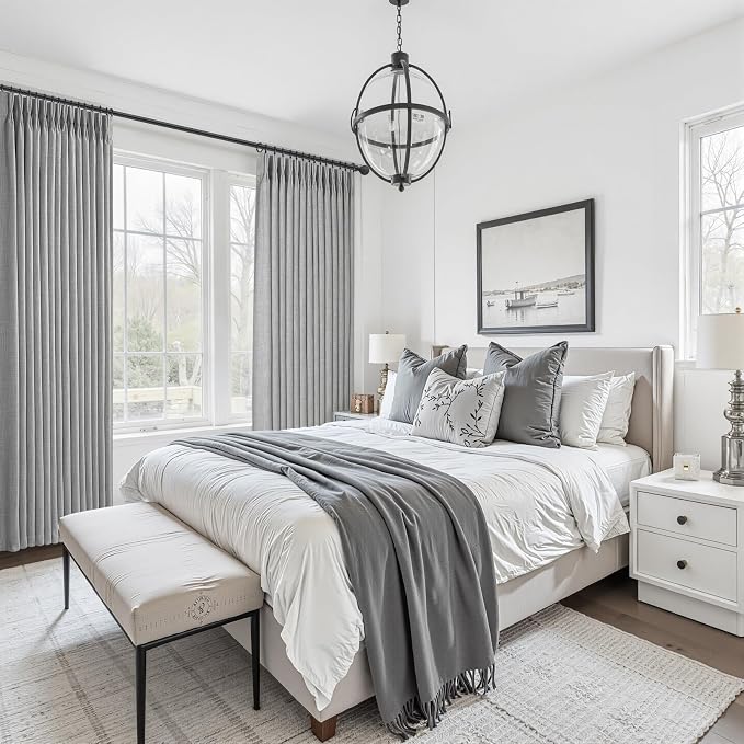 Light Grey Blackout Double Layer Thick Linen 84 Inch Curtains 2 Panels Set for Sliding Glass Doors, Memory Trained Pinch Pleated Noise Reducing Insulated Farmhouse Windows Curtain 40"W x 84"L Length