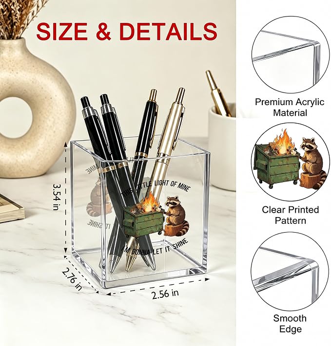Funny Raccoon Dumpster Fire Office Acrylic Cosmetic Pen Pencil Holder Cup, This Little Light Of Mine Humor Pencil Organizer, Unique Desk Accessories, Motivational Gifts for Women Men（A39）