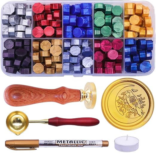 SWANGSA Moon Crow Wax Seal Stamp Kit with 200pcs Sealing Wax Beads, Great for Embellishment of Halloween Party Invitations, Wine Packages, Gift Wraps