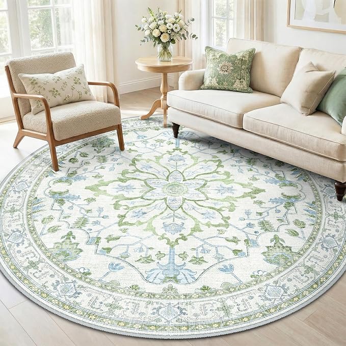 RELEANY Area Rugs Round 6ft Washable Non-Slip, Floral Vintage Distress Medallion Carpet for Living Room Bedroom Dining Room, Green White Blue