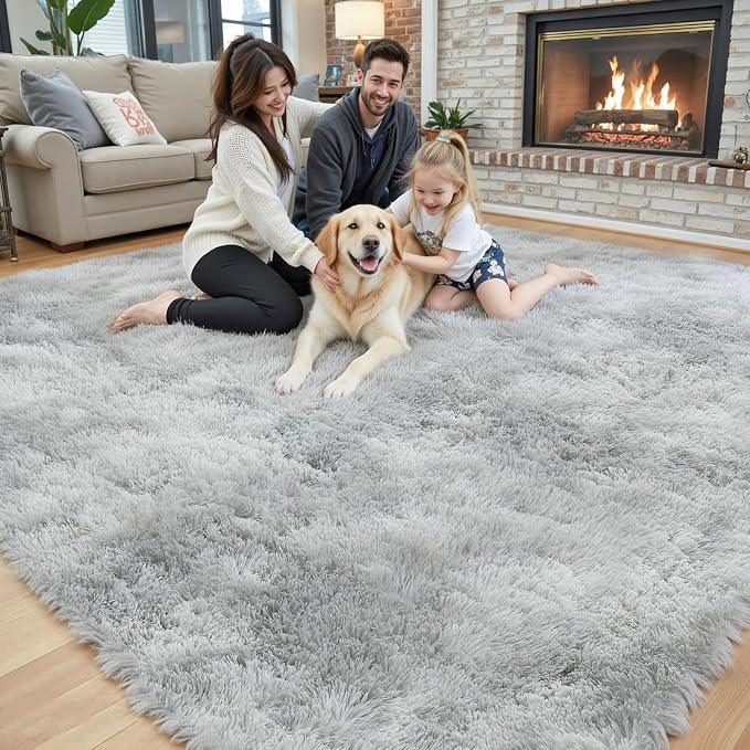Area Rugs 9x12 Living Room,Large Area Rug Shaggy Carpet Soft Plush Furry Bedside Rug, Machine Washable Area Rugs for Bedroom Home Decor Non-Slip(9 x 12, Light Grey Tie-Dyed)