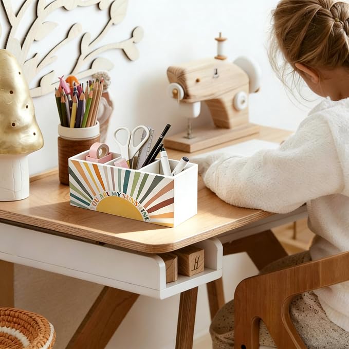Boho Sun Motivational Wooden Pen Holder for Desk, You Are My Sunshine Positive Affirmation Pencil Organizer Wooden Box Sign for Kids Room Classroom Home Office Decoration