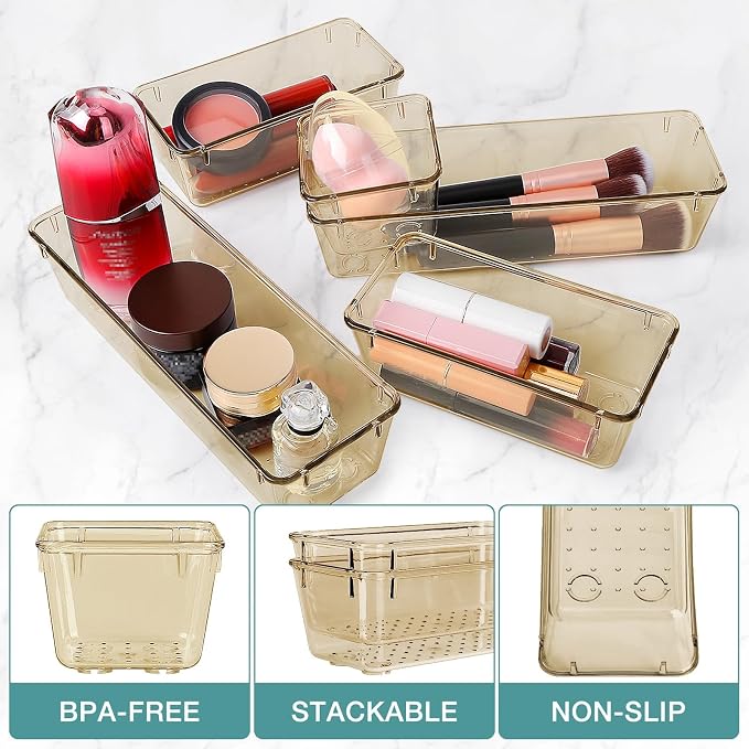16 PCS Drawer Organizer Set, 5 Size Bathroom and kitchen organizer Trays | Bathroom and kitchen Drawer cabinet organizer Trays, Clear Storage Bins for Makeup, Jewelry, Utensils and Gadgets