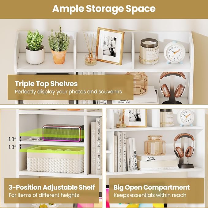 Tangkula Desktop Bookshelf for Computer Up to 32”, 37” Countertop Storage Hutch with 6 Storage Shelves, 3-Tier Desktop Organizer Display Rack, Wooden Desk Hutch for Dorm Home Office (White)