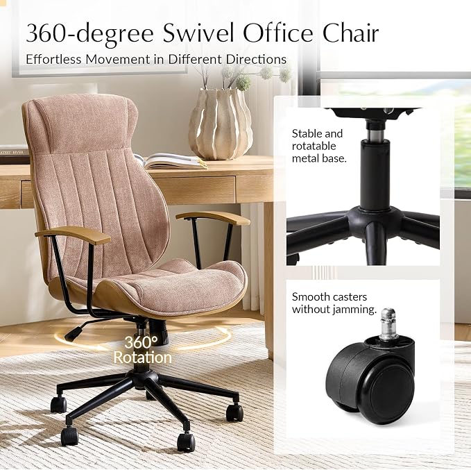 HULALA HOME Solid Wood Office Chair with High Backrest, Spice | Mid Century Modern Bentwood Desk Chair with Tilt Function, Swivel Fabric Computer Task Chair, Height Adjustable, Metal Base