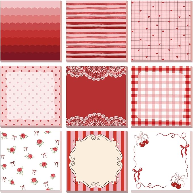 9 Pcs Aesthetic Sticky Notes Cute Pastel Self Stick Notepads Easy to Post Desk Supplies for Home Office Decor School Accessories Women Birthday Coworker Gifts(Red)