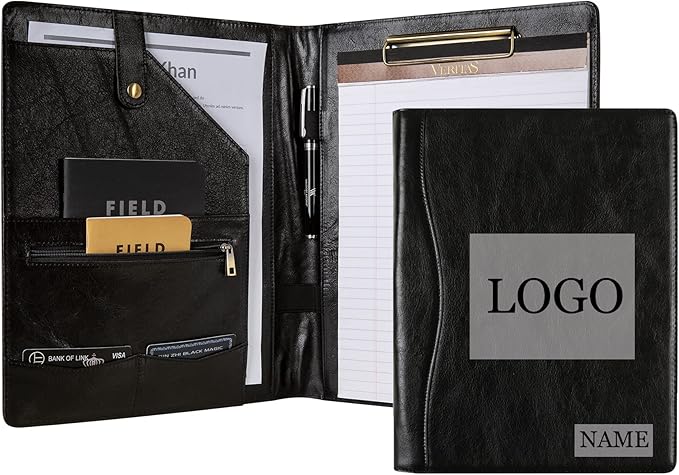 DUKE&COW Personalized Leather Portfolio for Men, Engraved Clipboard Binder, Custom Resume Padfolio Women, Christmas Gift His/Her (Clipboard, Shiny Black-Custom)