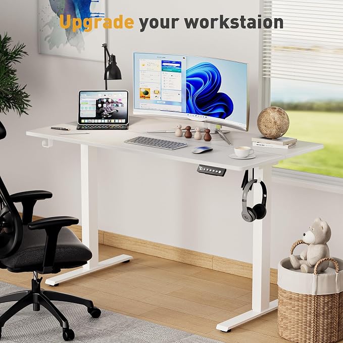 48x24 in Electric Standing Desk,Adjustable Height with Wheels,White | Spliced Desktop,27.9"–46.8" Height Range,4 Memory Presets,Lockable Wheels,Headphone Hook,Sit Stand Desk,Home Office