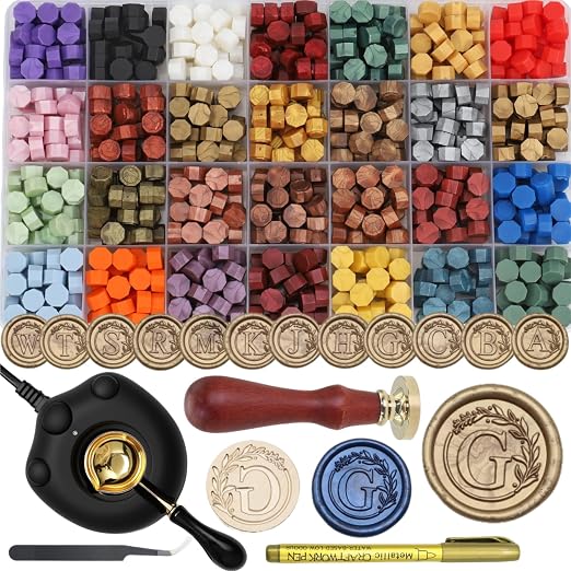 732 Pcs Sealing Wax Stamp Kit with Electric Wax Seal Warmer, Initial Alphabet G Seal Stamp, 28 Assorted Color Waxseal Beads, Spoon, Letter Sealingwax Stamp Kit (G)