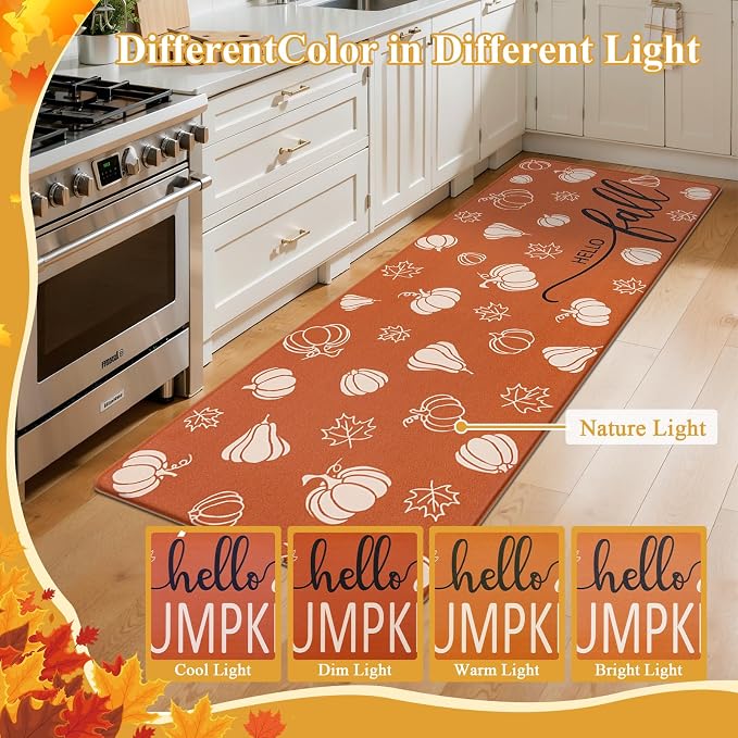 SHACOS Anti Fatigue Fall Kitchen Rugs Set of 2 Orange Mats Beige Pumpkins | Waterproof Non Slip Cushioned Kitchen Floor Mats Harvest Autumn Farmhouse Comfort Standing Mat 17x27.5+17x47"