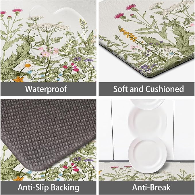 MAYHMYO Anti Fatigue Kitchen Mat for Floor Set of 2 Colorful Floral Plants Cute Vintage Comfort Mats Cushioned Non Slip Waterproof Kitchen Rugs Standing Kitchen Mats for Floor House Sink Office