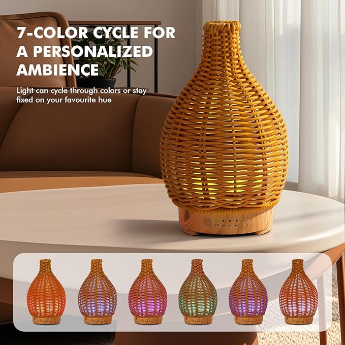 Boho Essential Oil Diffuser for Home -150ml Ultrasonic Fragrance Diffuser Humidifier Whisper Quiet Timer Setting 7 LED Colors Changing Lights for Home Office Decor & Gift (Handwoven)