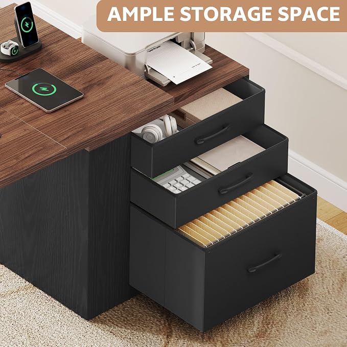 75.5'' Electric Standing Desk with Drawers, Farmhouse Height Adjustable Corner Desk, Sit Stand Office Desk with 4 AC Outlets & Type C Port, Executive Computer Desk, Brown & Black