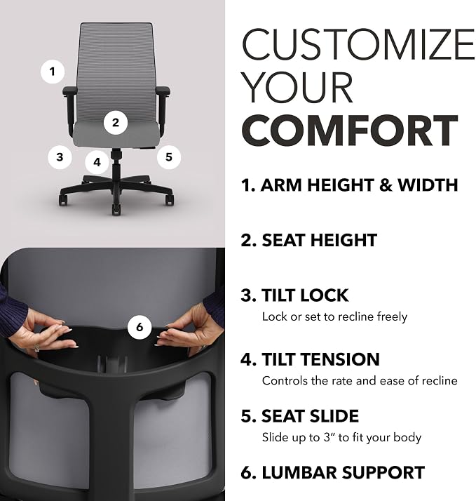 HON Ignition 2.0 Mid‑Back Ergonomic Office Chair, Mesh Task Desk Chair with Lumbar Support, Standard Synchro‑Tilt, Height and Width Adjustable Arms, Black Frame, Frost