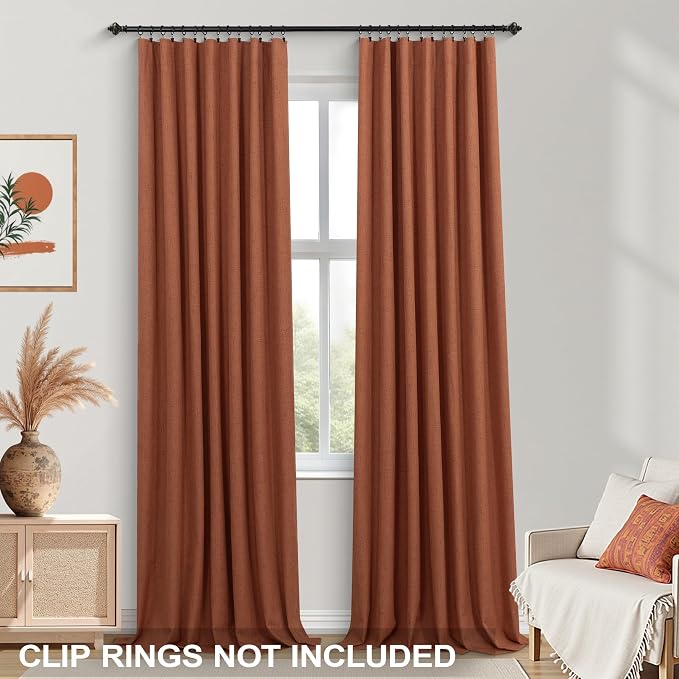 KOUFALL Bohemian Curtains for Living Room,Back Tab Terracotta Boho Farmhouse Linen Blackout Curtain Drapes 90 Inches Long for Bedroom 2 Panels Set,Cool Maximalist Rust Decor