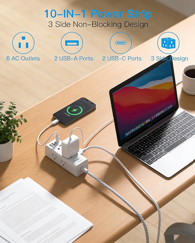 Flat Plug Extension Cord 5Ft, One Beat 5 Feet Surge Protector Power Strip with 6 Widely Outlets 4 USB Ports (2 USB C), 3 Way Wall Outlet Extender Extension Cord for Home Office College Dorm Room
