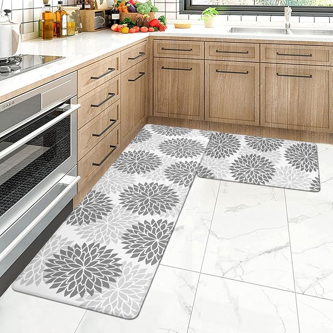 HEBE Anti Fatigue Kitchen Rugs Set of 2, Cushioned Kitchen Mats for Floor | Non Slip Washable Kitchen Runner Rug Set, Floral Stain Resistant Waterproof Comfort Mat Carpet for Sink, Standing Desk