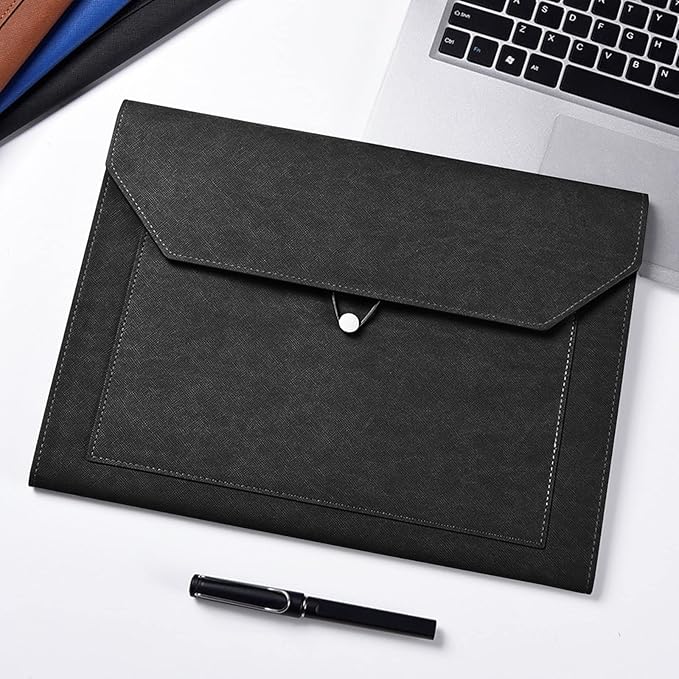 PU Leather A4 File Folder Document Holder 2 Pockets Portfolio Envelope Folder Case with Elastic String 3/4 Inch Expansion (Black)