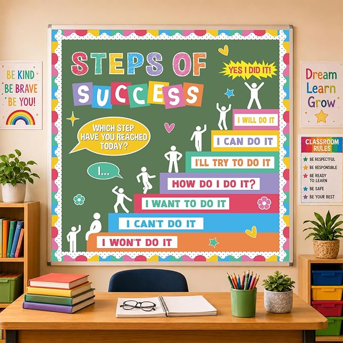Motivational Bulletin Board Decorations Set Back to School Positive Classroom Decor Steps of Success Paper Cutouts Educational Sayings Accents for School Door Wall Chalkboard Decor Supplies (Pastel)