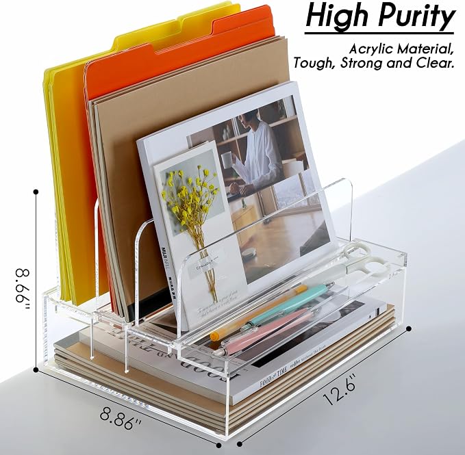 DINGHUO Acrylic Desk Organizers and Accessories, Paper Letter Tray Organizer with 3 Vertical File Holder, Clear File Organizer for Desk Home Office Supplies -1 Pack