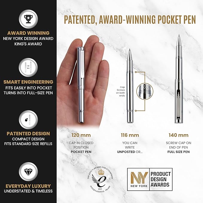 Scriveiner Personalized Silver Chrome Rollerball, Award Winning EDC Pen, Heavy Pocket Pen with Chrome Finish, Best Engraved Roller Ball Gift Set for Men & Women, Custom Name Engraving