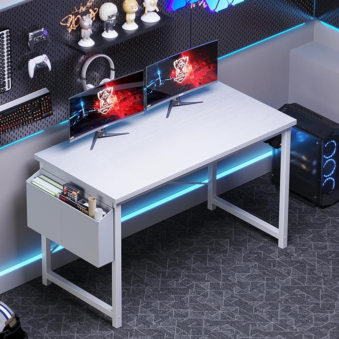 OLIXIS Computer Desk, 47 Inch Home Office Desks for Small Spaces, Writing Craft Study Gaming Table for Bedroom, Modern Computer Workstation with Storage Bag and Headphone Hook, White
