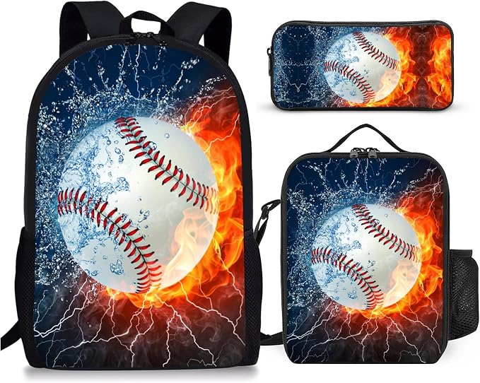 3PCS Baseball Backpacks for Boys Girls Teens, School Backpack with Lunch Box Pencil Case for Elementary Middle High Students, 17 Inch Lightweight Bookpack 3 in 1 Set Back to Shool Supplies for Kids