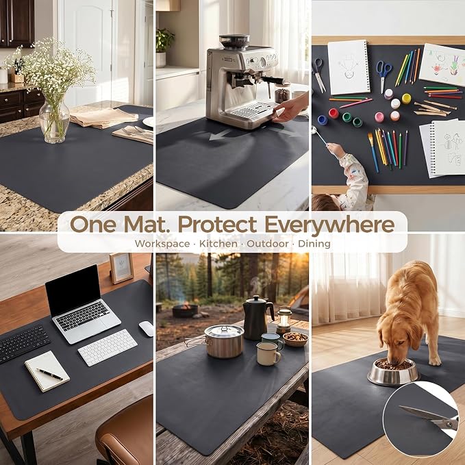 1.6mm Thick Leather 18x84 Inch Non-Slip Mat, Waterproof Countertop Protector, Extra Long Kitchen Counter/Dining Table Protector, Obsidian Black
