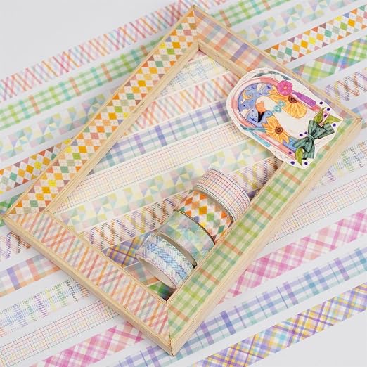 Basic Grid Washi Tape Set 12 Rolls Plaid Decorative Masking Tapes for Arts, DIY Crafts, Journals, Planners, Scrapbook, Wrapping (Colored)