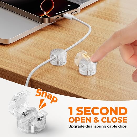 12 Pack Locking Spring Cable Clips, Rotatable Cord Organizer with Secure Lock Design, Adhesive Cord Holder for Desk Home Office Car Wall Charger Cable Management, Clear