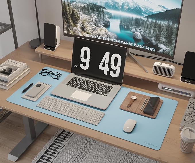 RENMTURE Dual-Sided Large Desk Pad, Faux Leather Natural Cork Mouse pad, Desk Accessories Protector, for Office and Home Work (Light Blue, 23.6" x 13.7")