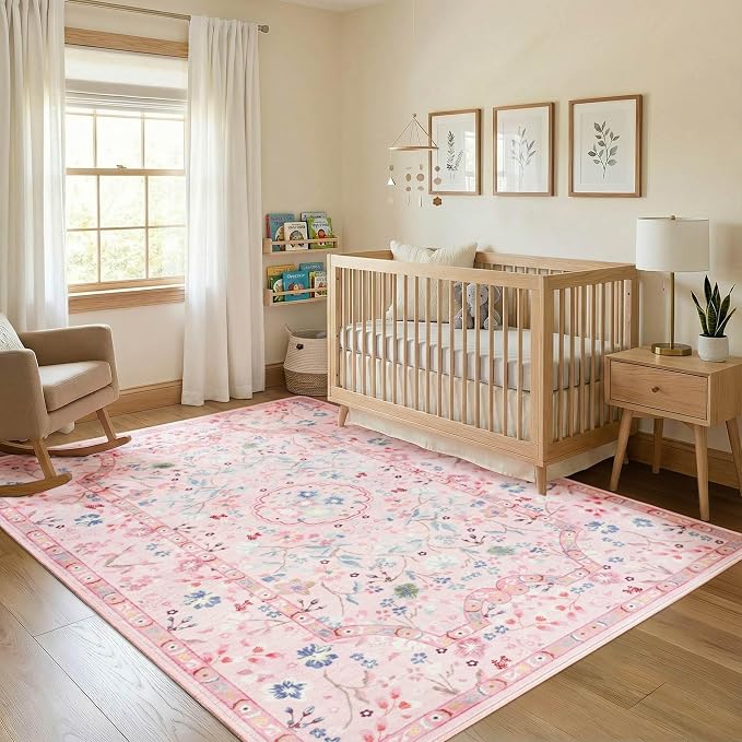 3x5 Area Rugs for Bedroom, Pink Machine Washable Rug, Non-Slip Low Pile Throw Rugs with Rubber Backing Printed Vintage Floral Carpet for Living Room Dining Room Kitchen Home Decor